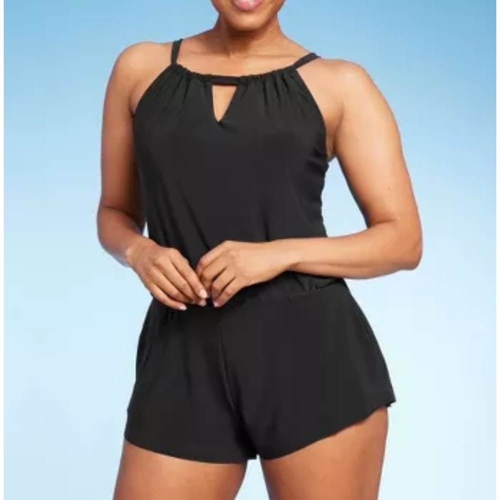 Aqua Green UPF 50 High Neck Swim Romper with Pockets One Piece Swimsuit